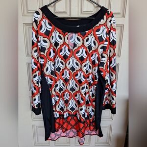 Red/Black Graphic Print Tunic Sz2X Stretchy Contrast Collar/Cuffs Machine Wash